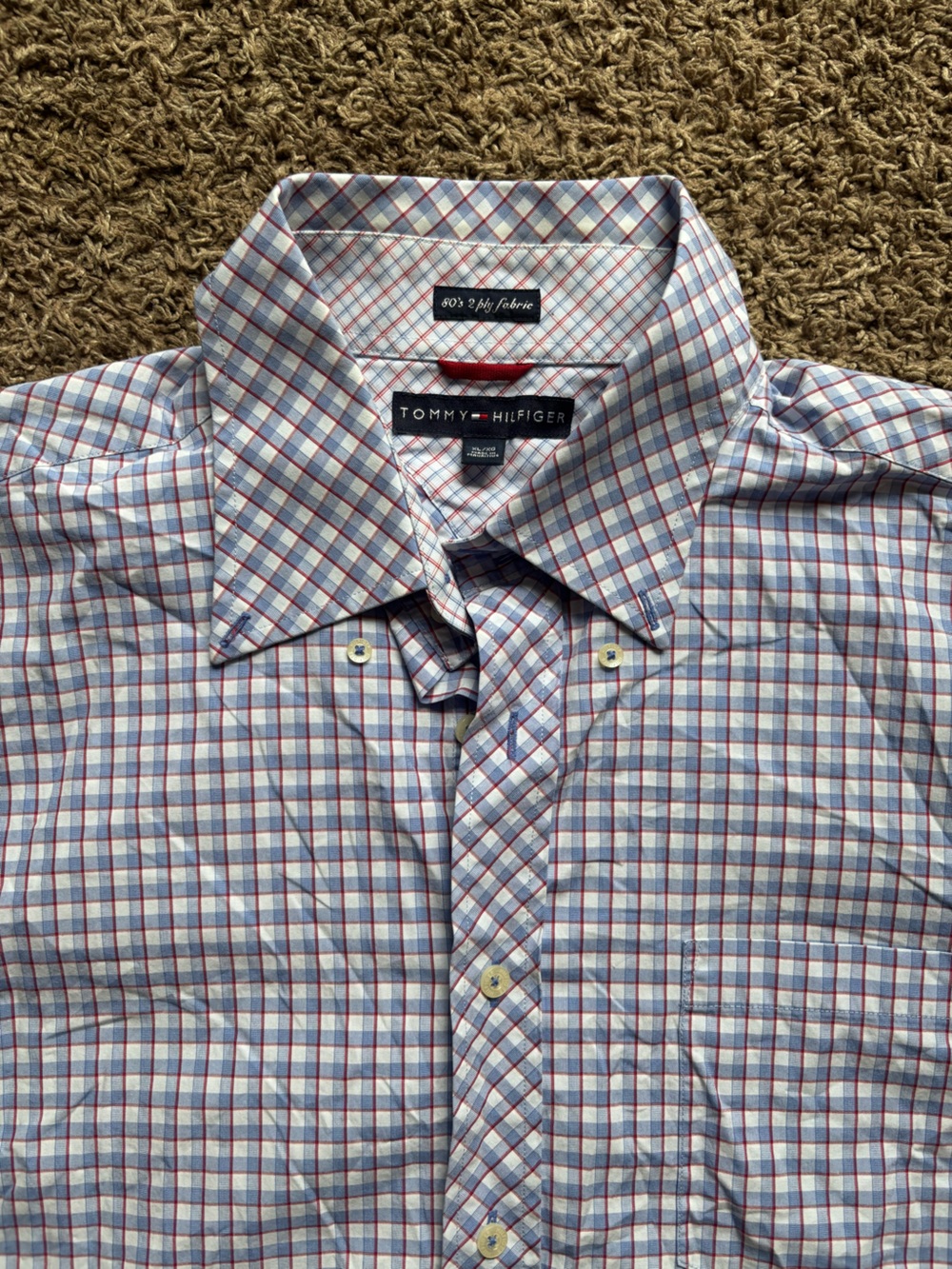Tommy Hilfiger Light Blue and Red Plaid Dress Shirt